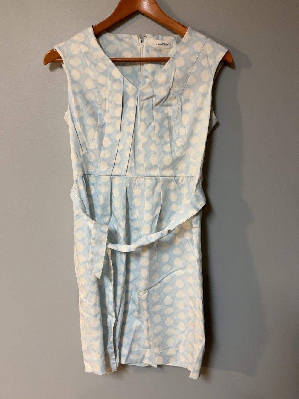 Calvin Klein Womens Blue White Abstract Print Belted Sleeveless Dress V Neck